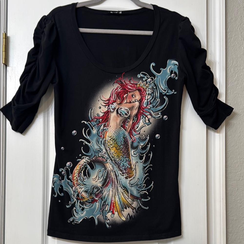Black Top With Mermaid Graphic in Colorful Rhinestone